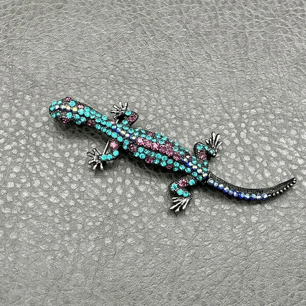 Multicolor Lizard Brooch Pin Turquoise Purple Rhinestone Reptile Animal Jewelry